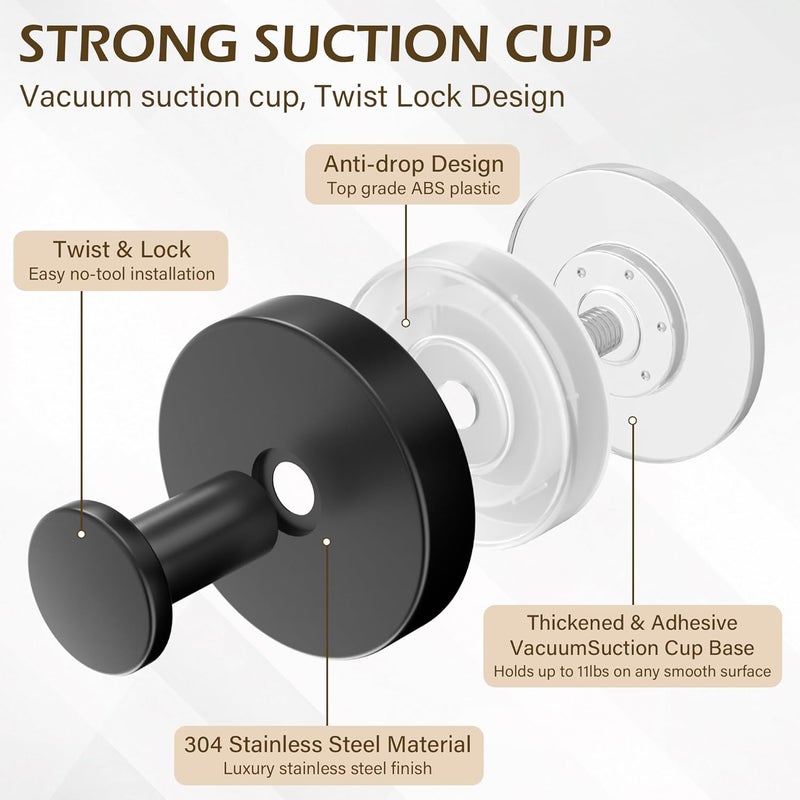 Ninth Five Shower Suction Cup Hooks, Heavy Duty Bathroom Wall Hooks for Towels, Robes, Loofahs, Removable Metal Hook for Tile Glass Mirror, No Drill(4 Pack, Black) - Image 2